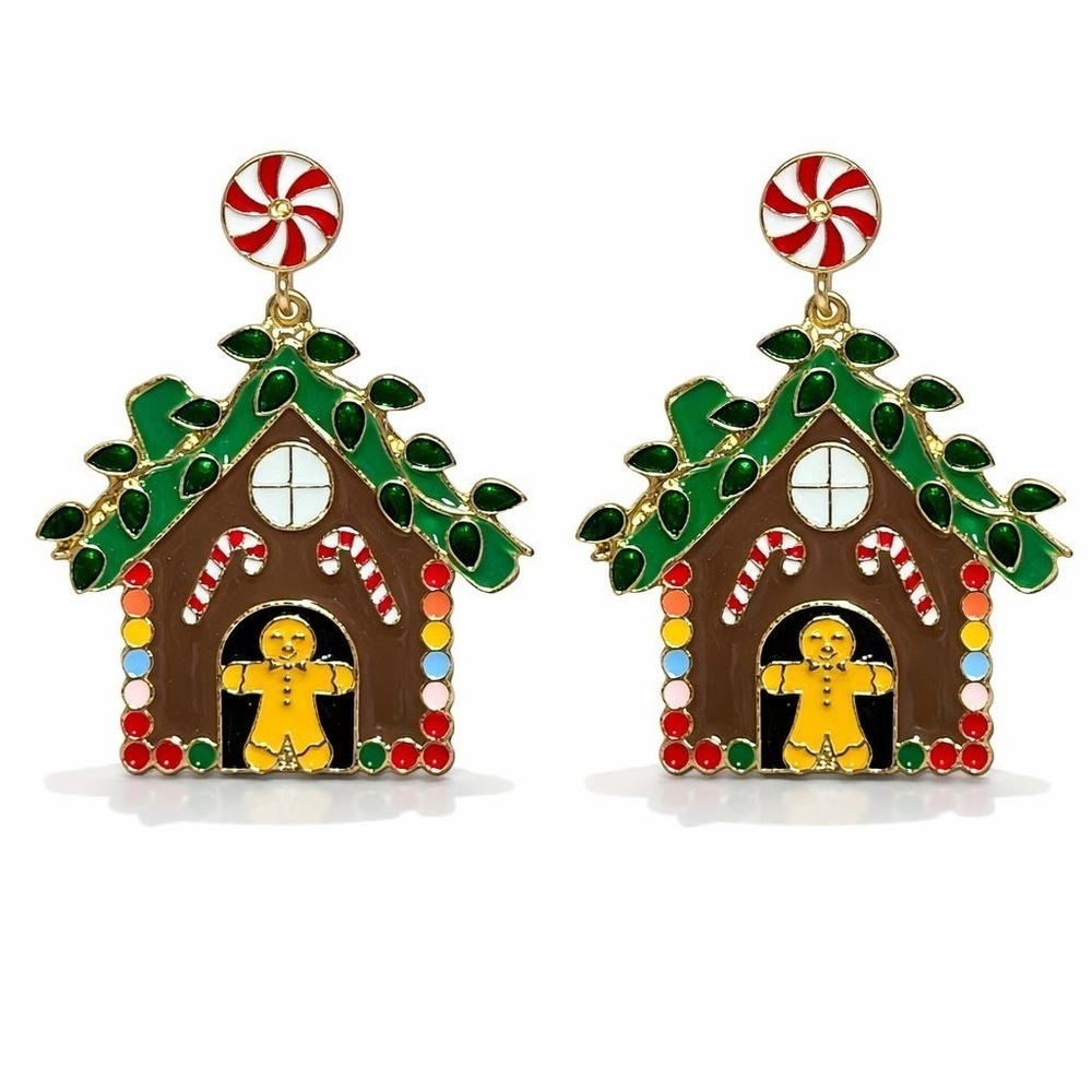 Gingerbread House Earrings - Green, Red, Brown. - Picture 1 of 9